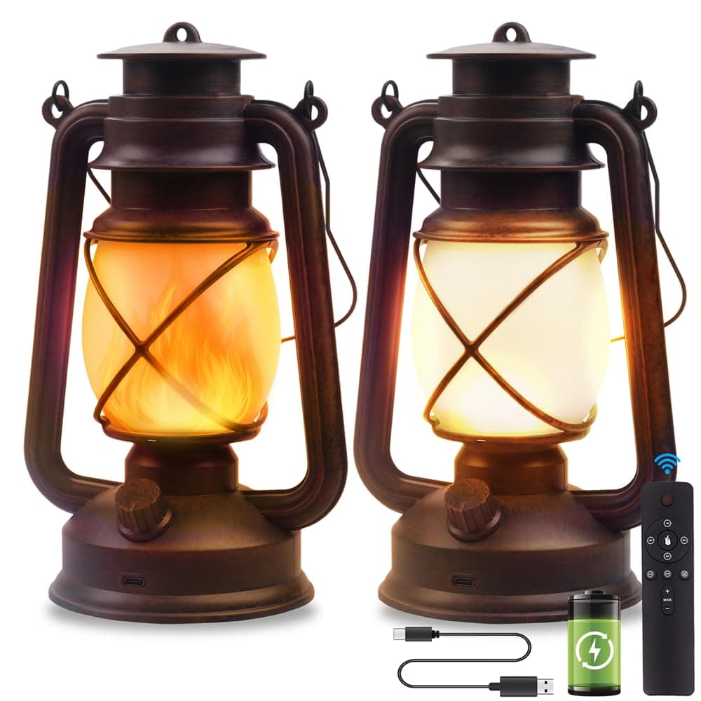 Lantern LED Battery Powered Camping Lamp Outdoor Hanging Rechargeable Lantern Flickering Flame Retro Lanterns Remote Control 4 Modes Light Non-Solar 2 Pack