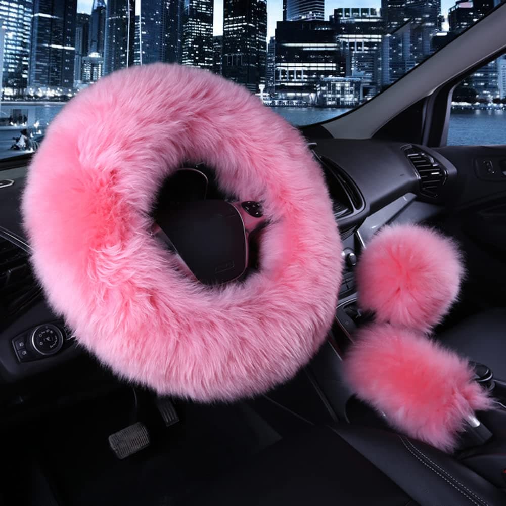 Car Steering Wheel Cover Gear Shift Handbrake Fuzzy Cover 1 Set 3 Pcs Multi-Colored with Winter Warm Pure Wool Fashion for Girl Women Ladies Universal Fit Most Car（Pink）