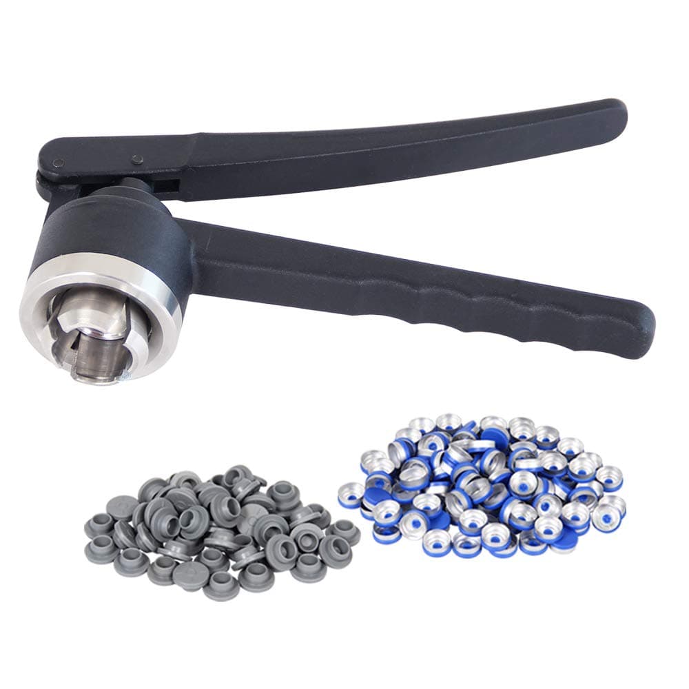 20mm FLIP-Off Vial Seal Sealing Crimper + 100 Pcs Caps + 100 Pcs Rubber Stoppers
