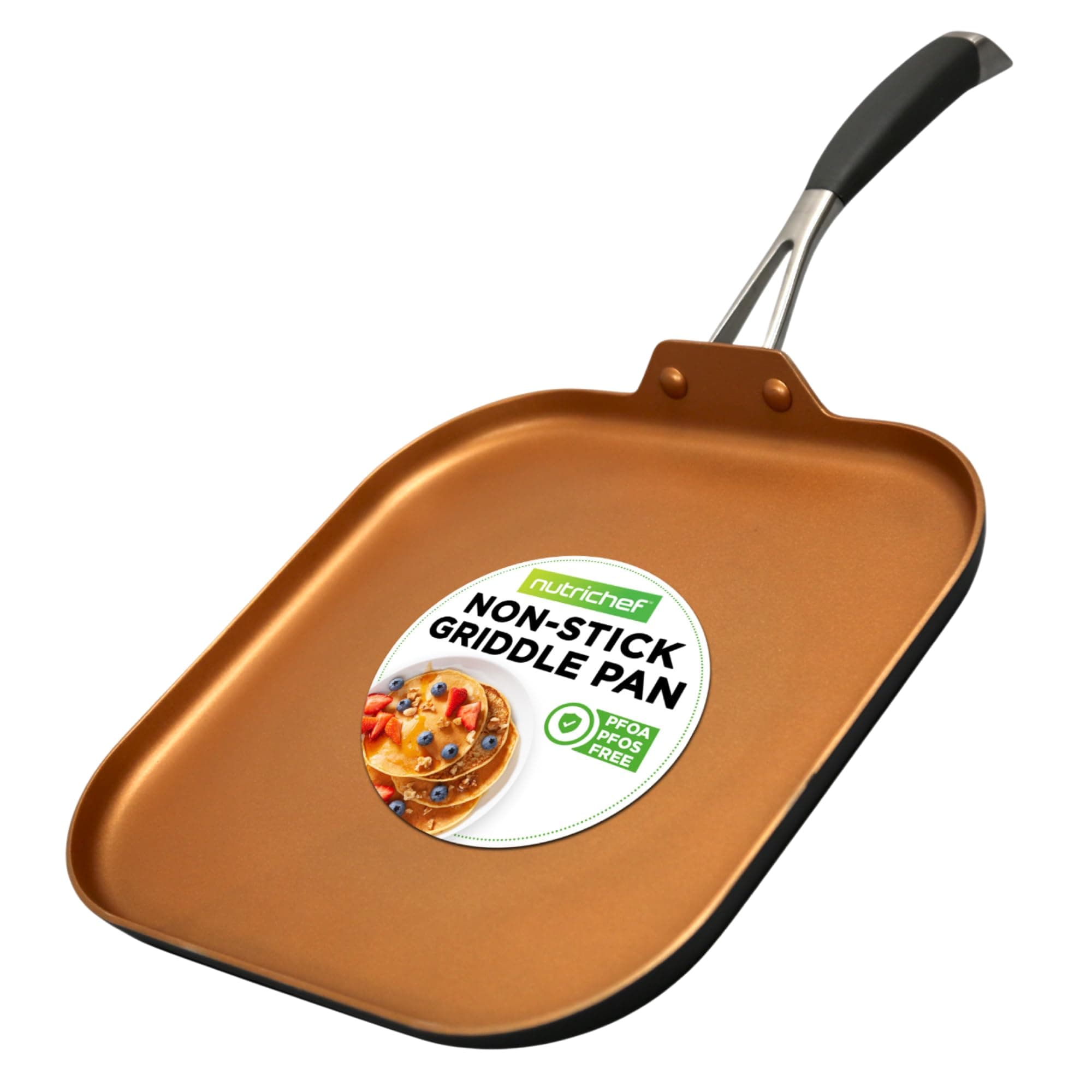 NutriChef Copper Pan Non-Stick Coating Inside, Hard-Anodized Look Heat Resistant Lacquer Outside, Silicone Handle NCSQPA, 1 Griddle