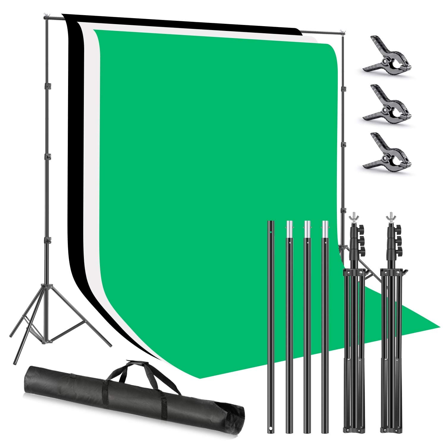 Neewer Photo Studio 8.5x10feet/2.6x3M Backdrop Stand Backdrop Support System with 6x9ft/1.8x2.8M Polyester Backdrop (White, Black, Green) Clamps and Carry Bag for Product Portrait Video Shooting