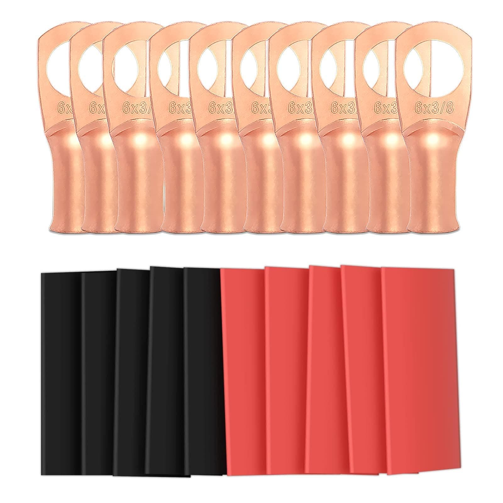 10pcs 6 Awg - 3/8" (M10) Sanuke Wire Lugs Ring Terminal Connectors Ends Heavy Duty for Battery Cable Lug tinned Copper Tubular Wire Electrical Eyelets with 3:1 Dual Wall Adhesive Heat Shrink
