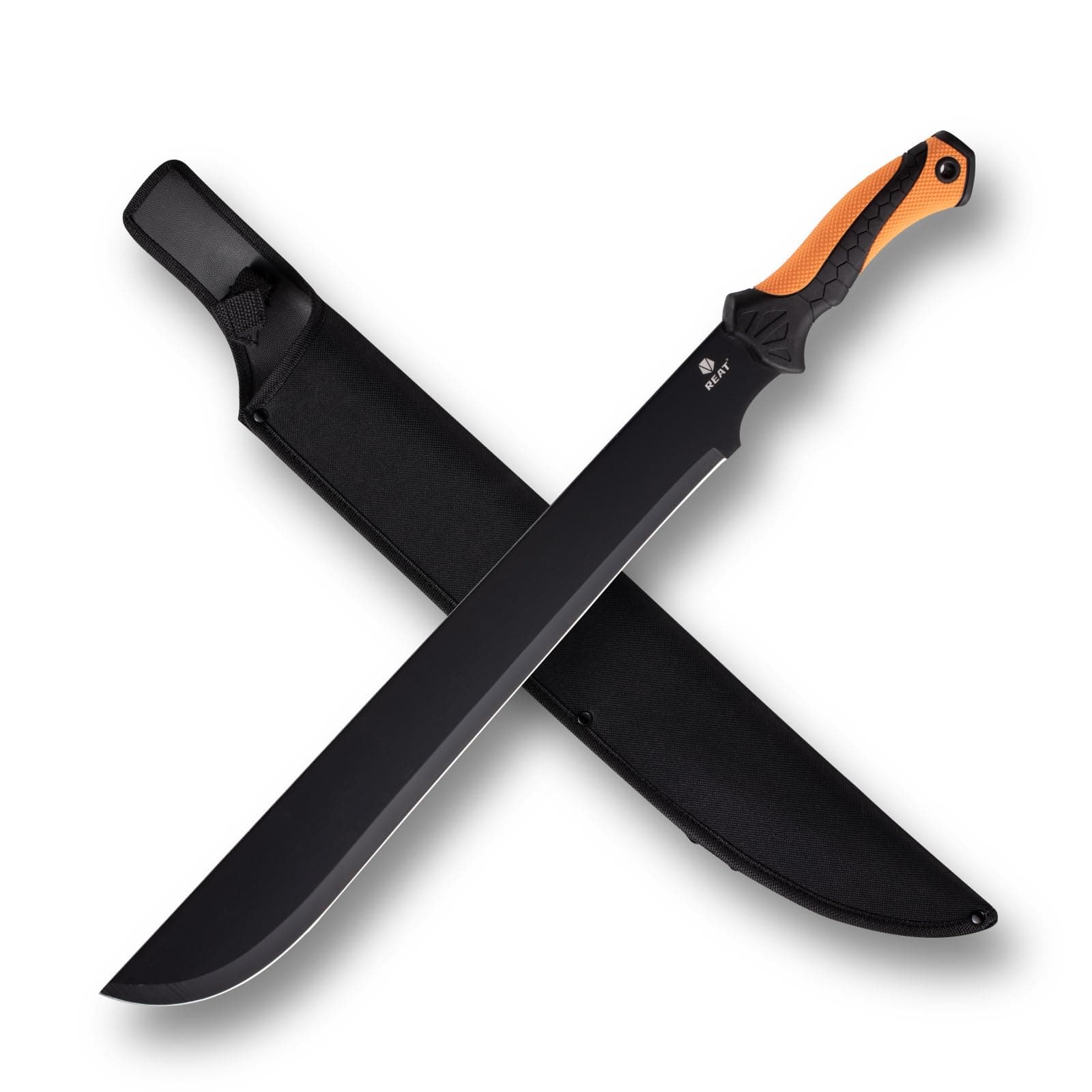 REAT Gardening Heavy Duty Machete,24" Full Tang Machete with Shaeth,Ergonomic No-Slip Handle,Machetes for Bushcraft, Outdoor Hunting, Garden Cutting Trees and Yard Work (Orange)