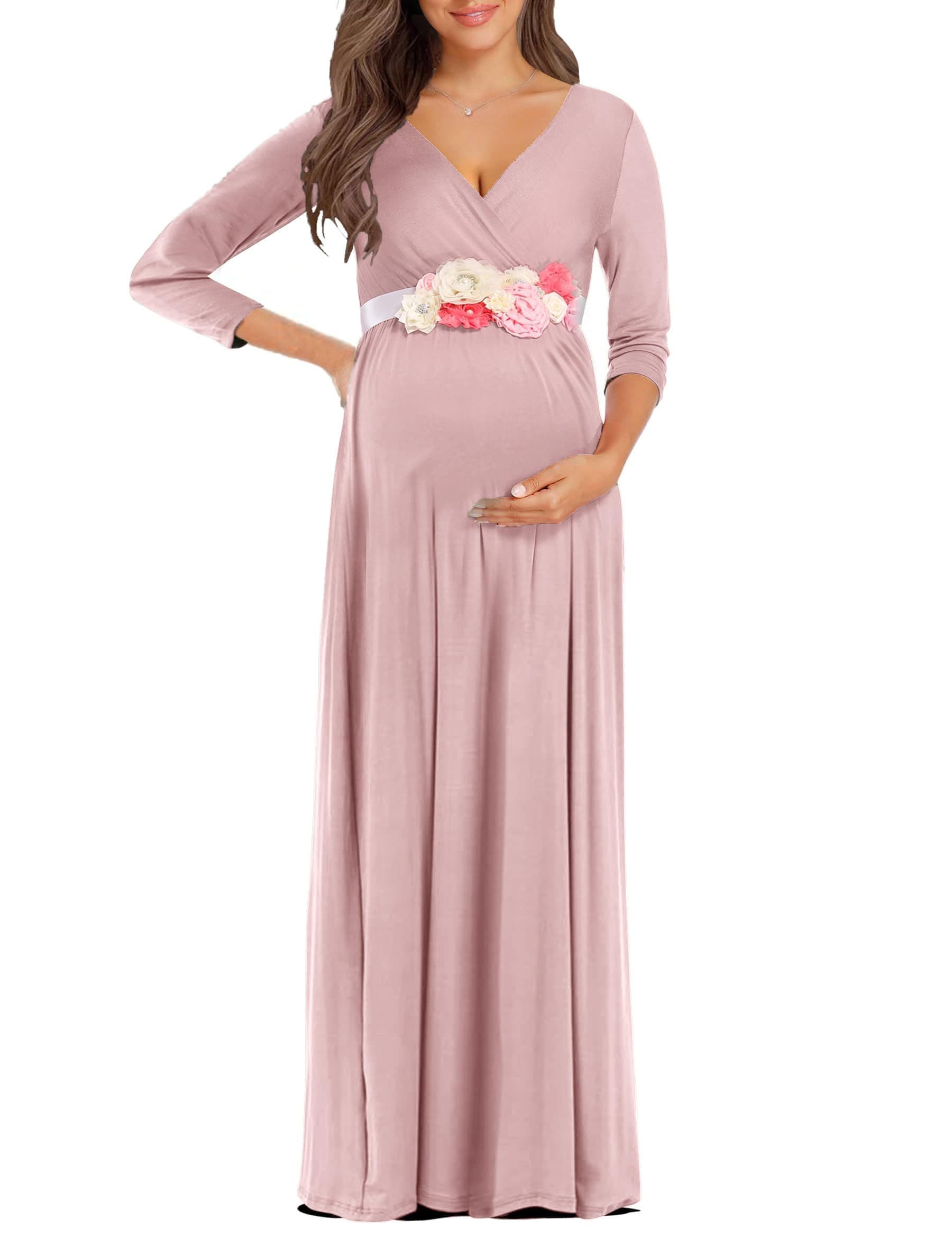 KIM S Maternity Maxi Dress with Flower Sash(S-3XL)/Wrapped Ruched V Neck Photoshoot Baby Shower Dresses