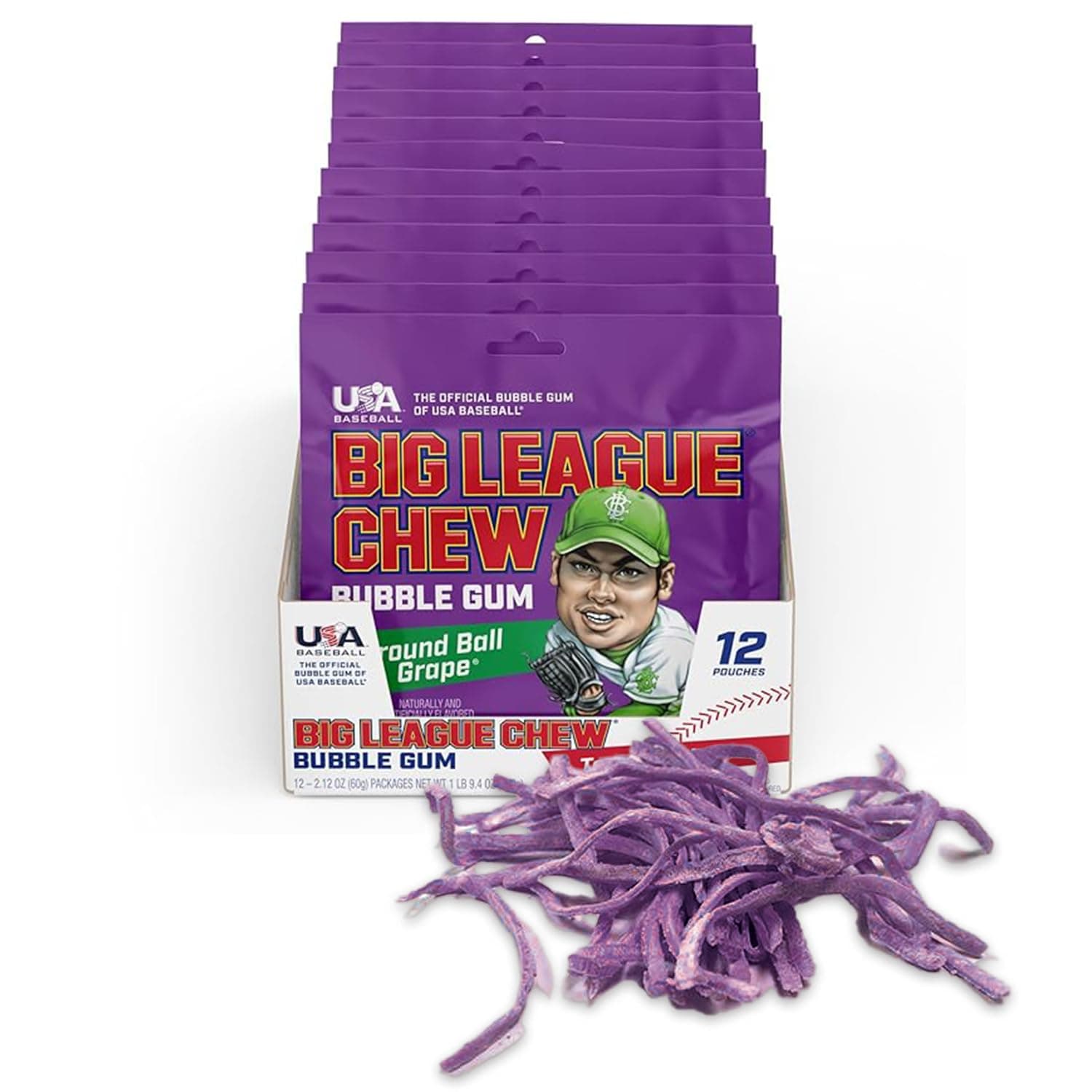 Big League Chew Ground Ball Grape Bubble Gum - Juicy Grape Flavor Explosion | Ideal for Baseball Games, Teams, Concessions, Parties, and More | Pack of 12 Bags (2.12oz Each)