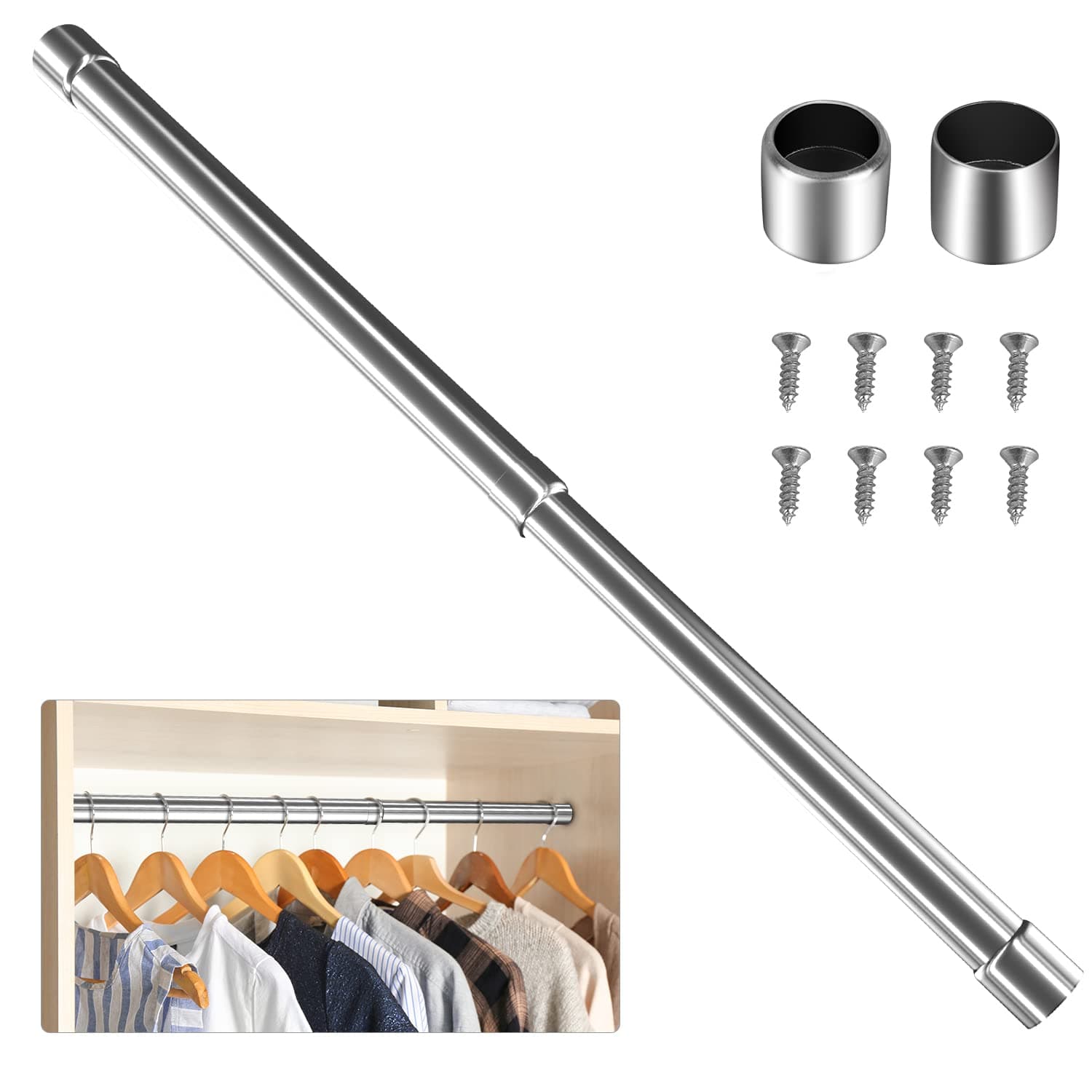 WAENLIR 56cm-100cm Extendable Stainless Steel Wardrobe Rail, Adjustable Clothes Rail Pole With End Sockets