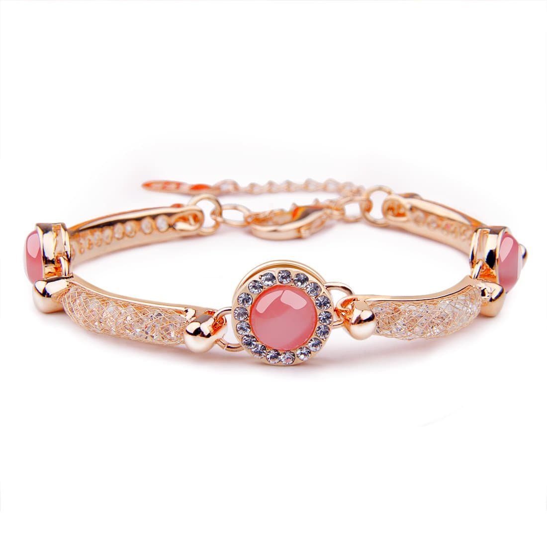 Bamoer New Style Adjustable 18k Gold Mesh Crystal Charm Opal Bracelet Women Lady Bangle Fashion Jewelry