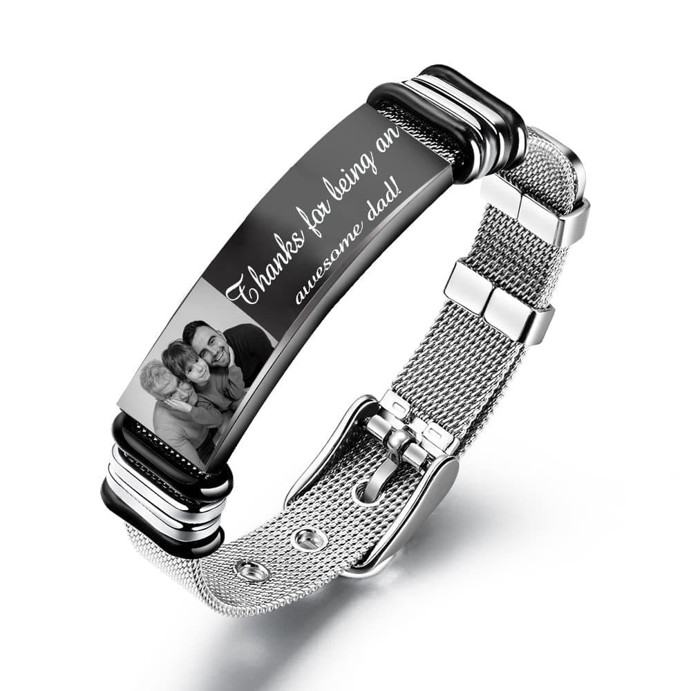 Kaululu Men Bracelet with Photo Name Engraved Personalised Bracelet Stainless Steel Wristband Gifts for Father and Son Brother Best Friend
