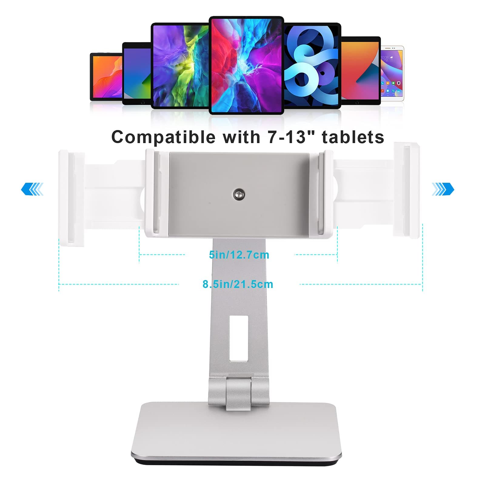SHUOSUO Tablet Stand Adjustable & Foldable, 360° Swivel Heavy Aluminum Tablet Holder for Desk, Compatible with iPad Pro/Air/Mini, Galaxy Tab, Surface Pro, Kindle Fire (7-13") (Silver)