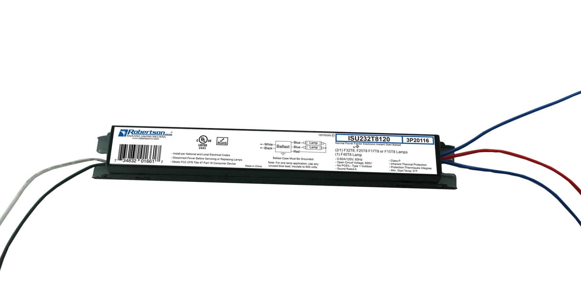 Robertson ISU232T8120 (3P20116) Electronic Fluorescent Ballast, for 1 or 2 T8 Fluorescent Lamps Between 17W-32W (F17T8 Through F32T8) or 1 F40T8 Lamp, Instant Start, 120V (Qty 1)