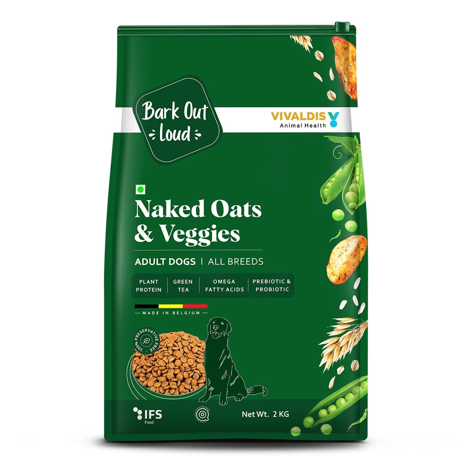 By Vivaldis-Naked Oats & Veggies, Veg Dry Adult Dog Food For All Breeds 9Kgs+, Rich In Plant Protein, Prebiotics & Probiotics, Vitamins & Fibre, 2Kg