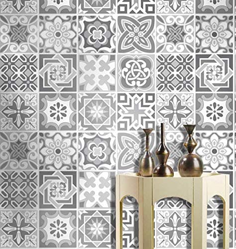 Moroccan Grey Tile Sticker For Kitchen Bathroom Motorhome Camper Self Adhesive Peel and Stick Geometric Patterned DIY Mosaic 15x15 cm 6x6, 12 Tiles