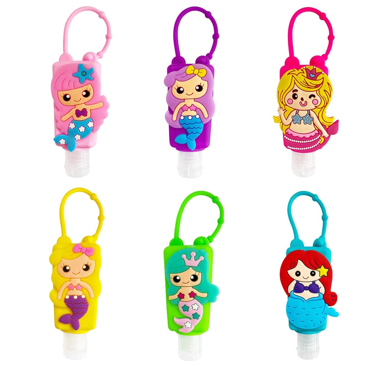 6 Pcs Cute Cartoon Kids Refillable Bottles Travel Containers Empty Plastic Bottles with Silicone Case Keychain Carrier, 30 ml Portable Leak Proof Flip Cap Keyring Bottles - Mermaid