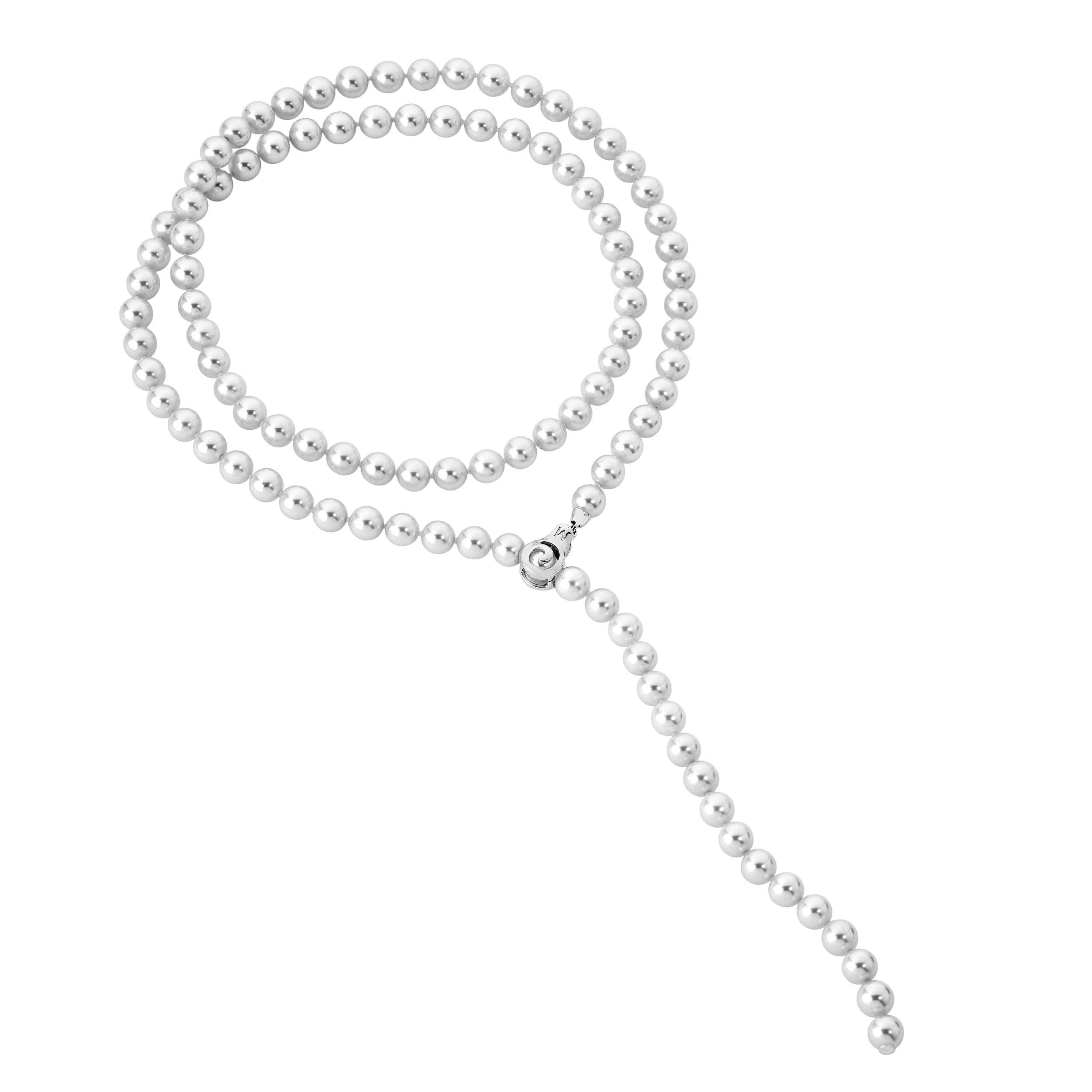 Sterling Silver Rhodium Plated Necklace with Adjustable Clasp for Women with Organic Simulated Pearl, 8mm Round White Pearl, 35.4" Length, Jour Collection
