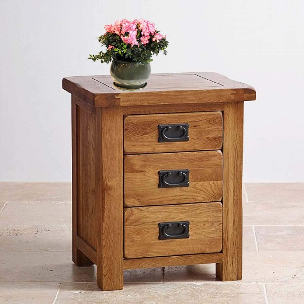 Aurotrice OAK Solid 3-Drawer Bedside Cabinet - Lacquer Table with 3 Drawers, Solid OAK Wood