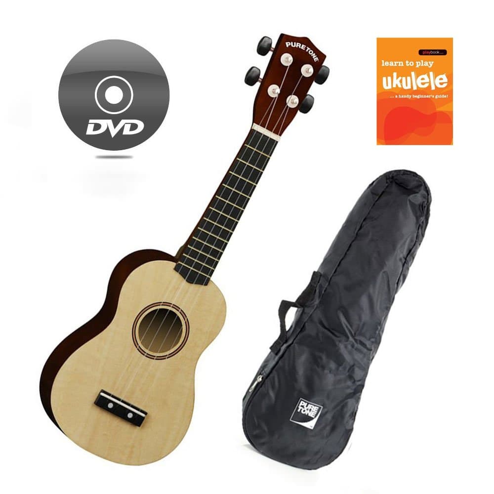 Natural Pure Tone Soprano Ukulele Pack with DVD Lessons Learn to Play Book and Soft Bag