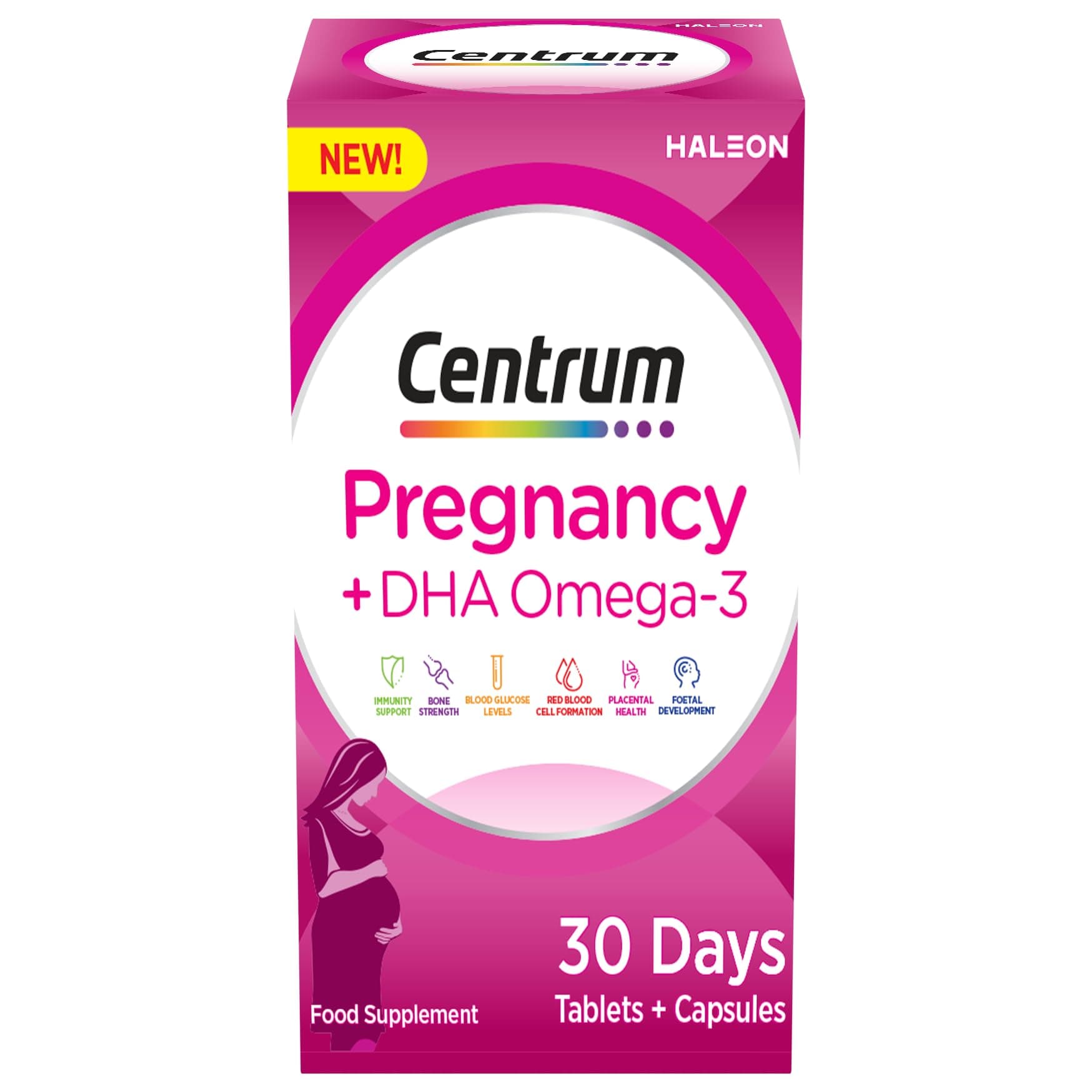 Centrum Pregnancy Vitamins for Women, Pregnancy Vitamins with DHA, Omega 3 and Folic Acid, 60 Count, 30 Day Supply
