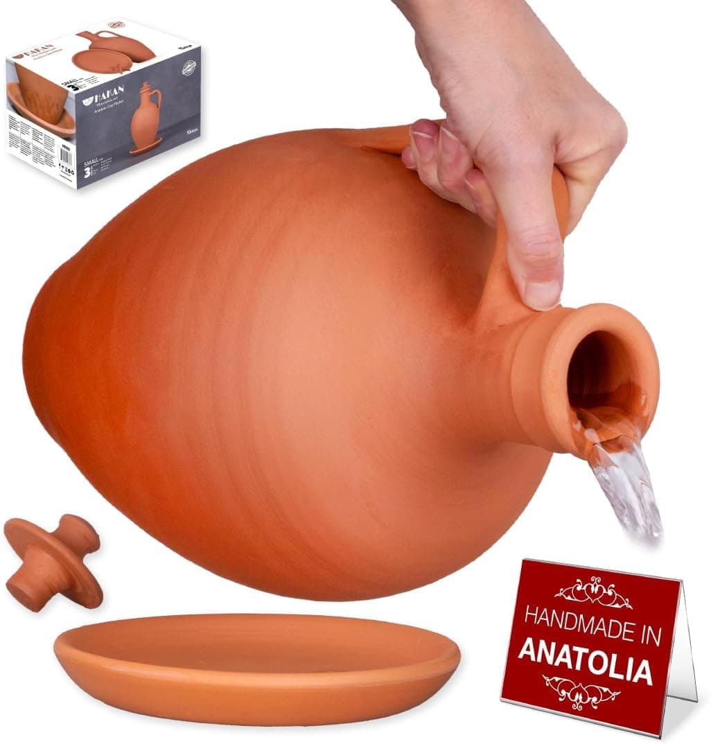 Hakan Anadolu Natural Clay Water Pitcher Set | Unglazed Terracotta Water Carafe & Plate | Traditional Small Mud Jug | Pottery Jar for Drinking Water | Large | 3.3 qts