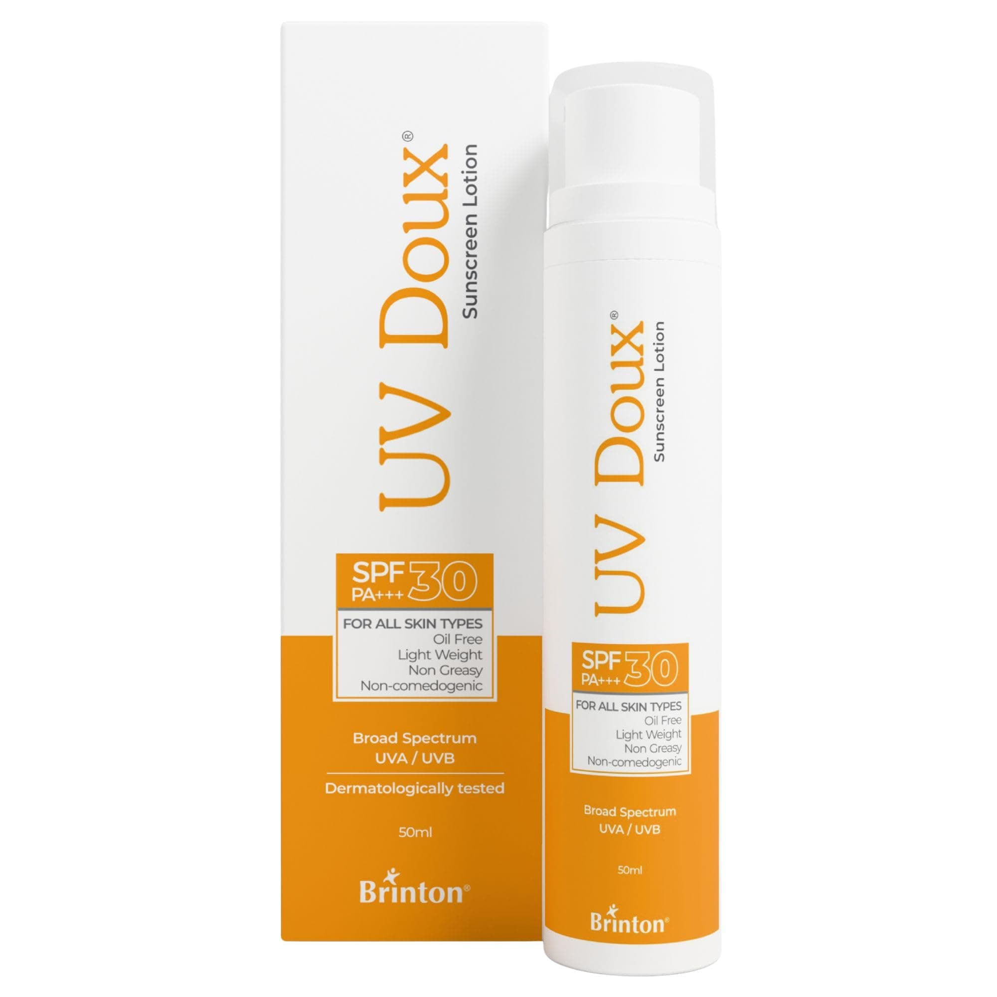 Brinton UV Doux Sunscreen Lotion with SPF 30 Oil Free Formula Sweat & Water Resistant Lightweight, Non-Greasy and Non-Comedogenic For All Skin Types, 50ml