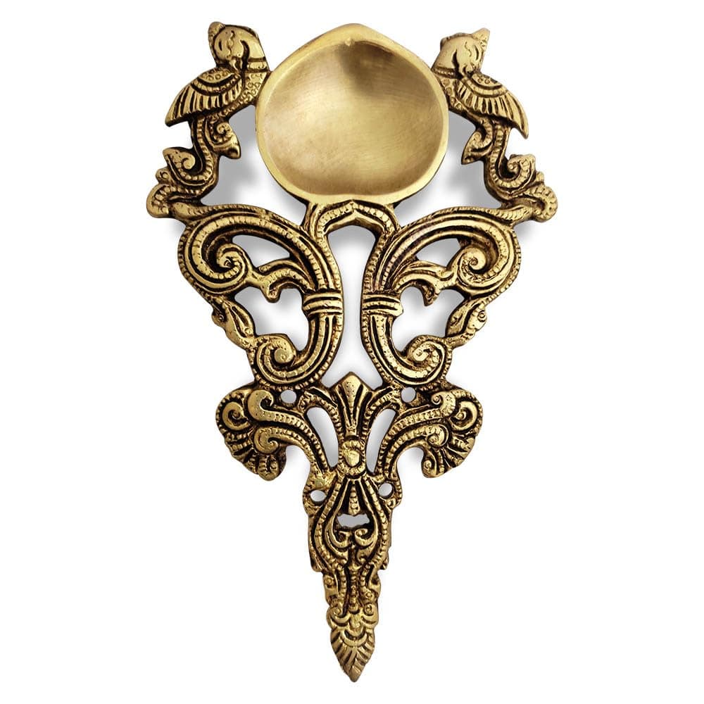Peacock Designer Kapoor Aarti Diya in Brass (7.6 inches length) for Pooja
