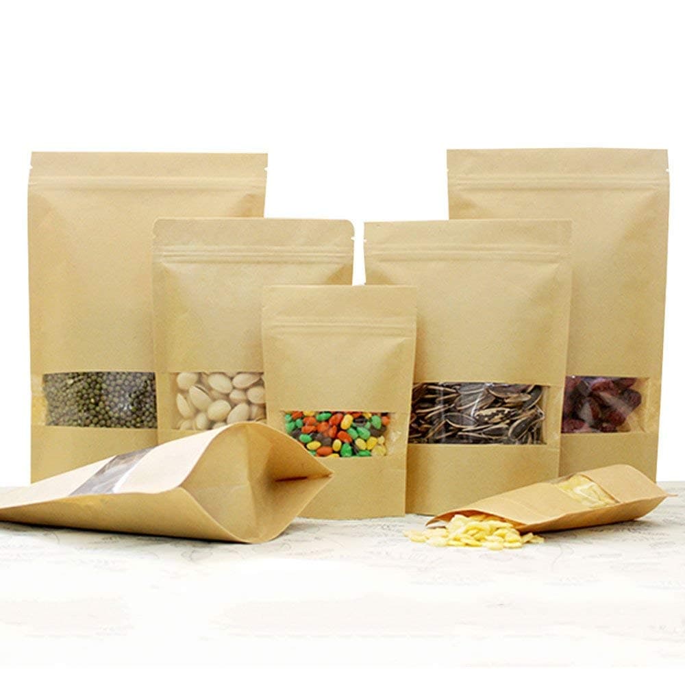 Ziplock Grip Standable Seal Bags Waterproof Kraft Paper Stand Up Pouch with Transparent Window Food Storage Pouches Packing Bag for Coffee Bean Tea Leaf and Snacks (Multi-sized)