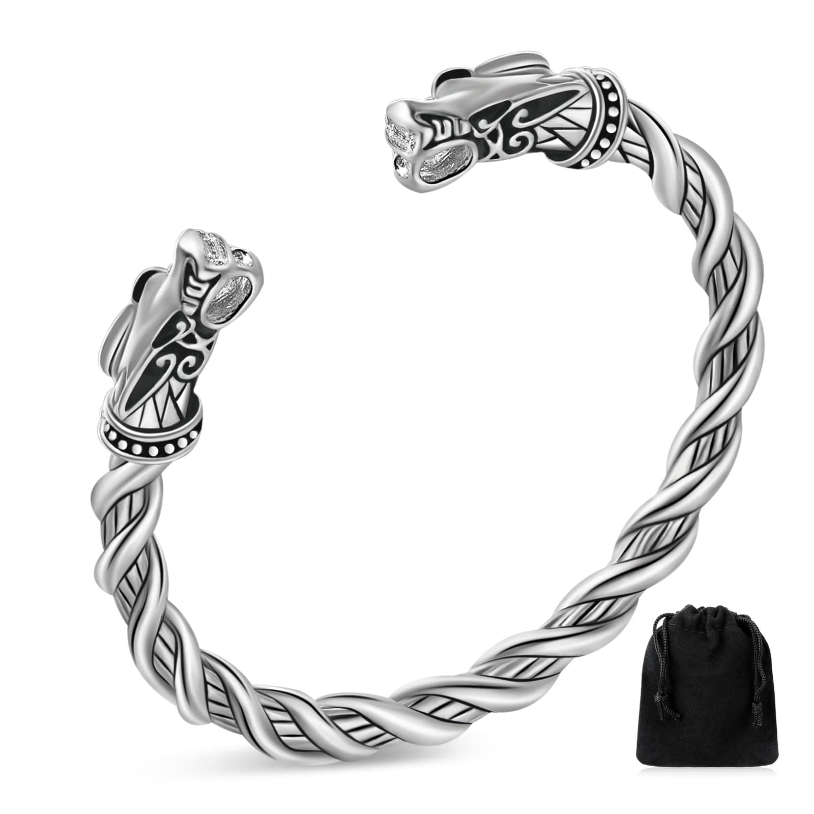 BBTO Viking Bracelet for Men Viking Double Dragon Head Bracelet Adjustable Norse Arm Rings with Velvet Pouch Dragon Head Twisted Bangle Wristband Jewellery