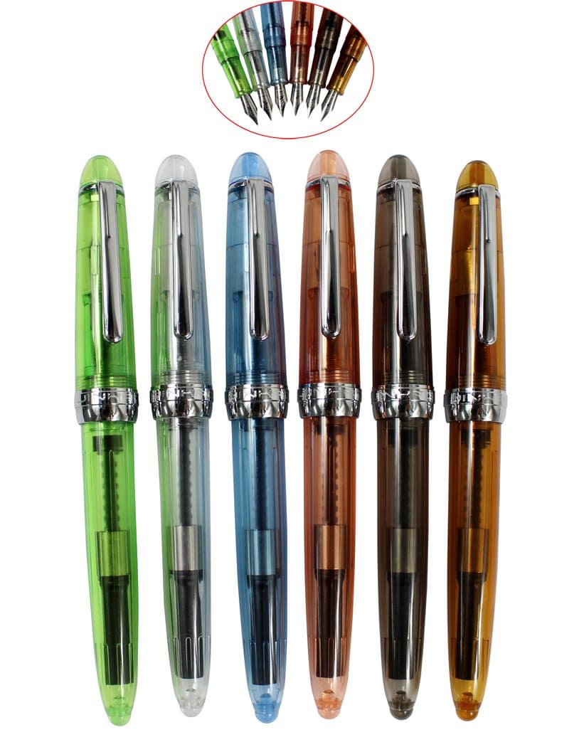 6PCS 992 Transparent Plastic Fountain Pens, Fine Nib Fountain Pen Set, JinHao Silver Clip and Pen Screw Cap, Solid Colors (Green, White, Blue, Orange, Grey, Brown)