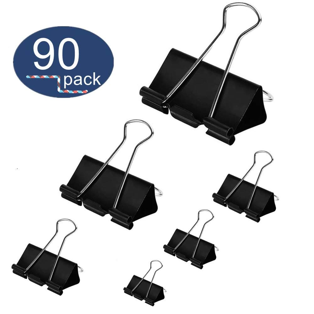 Binder Clips 90PCS Paper Clamps 6 Assorted Sizes Large Medium Small, OUHL Foldback Clips for Office Schools Kitchen Home Usage (Black)