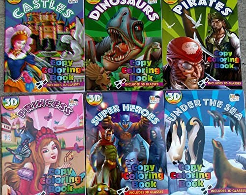 Copy Coloring Book (Includes 3D Glasses) Assorted, Styles & Quantities Vary (Castles, Dinosaurs, Pirates, Princess, Super Heroes, and / or Under the Sea)