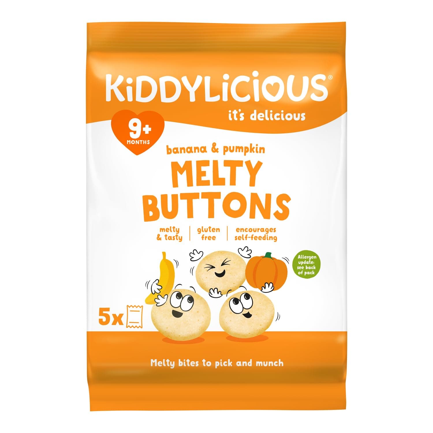 Kiddylicious Banana & Pumpkin Melty Buttons Delicious Snacks for Kids Suitable for 9+ Months - Pack of 5 (5x6 gms)