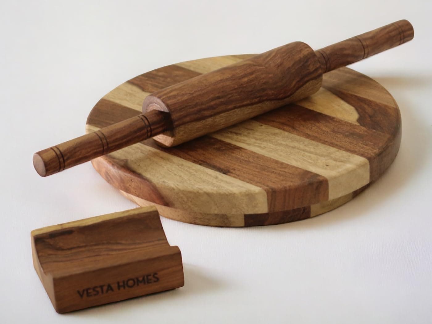 Vesta Homes Wooden Chakla Belan Set | Premium Solid Wood Roti Rolling Board and Pin with Stand | 10 * 10 * 1.5, 13 * 1.75 Inches | No Chemical Polish | Handcrafted in India