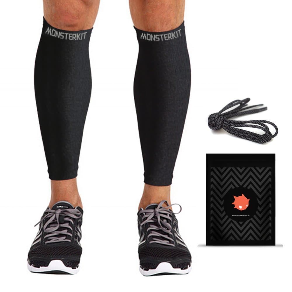 Calf Compression Sleeves including Reflective Laces - Best Calf Support / Shin Guards / Calf Guards for Running, Cycling, Crossfit, Hiking, Deadlift, Basketball - Premium Graduated Seamless Compression for Men and Women - MonsterKit Guarantee