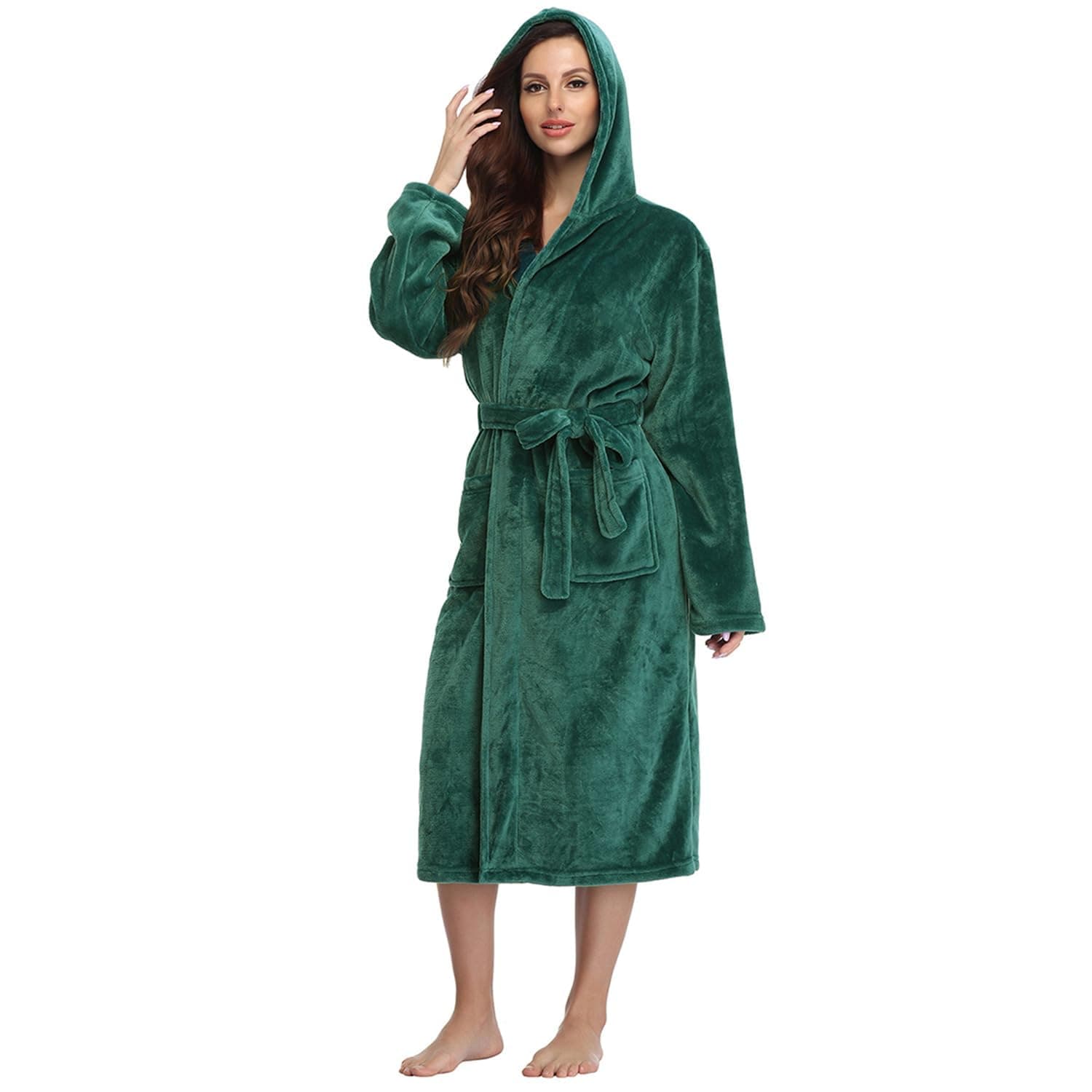 RONGTAI Womens Robes Plush Fleece Hooded Bathrobe Thick Nightgown with Pockets Fluffy Sleepwear, Emerald Green, Medium