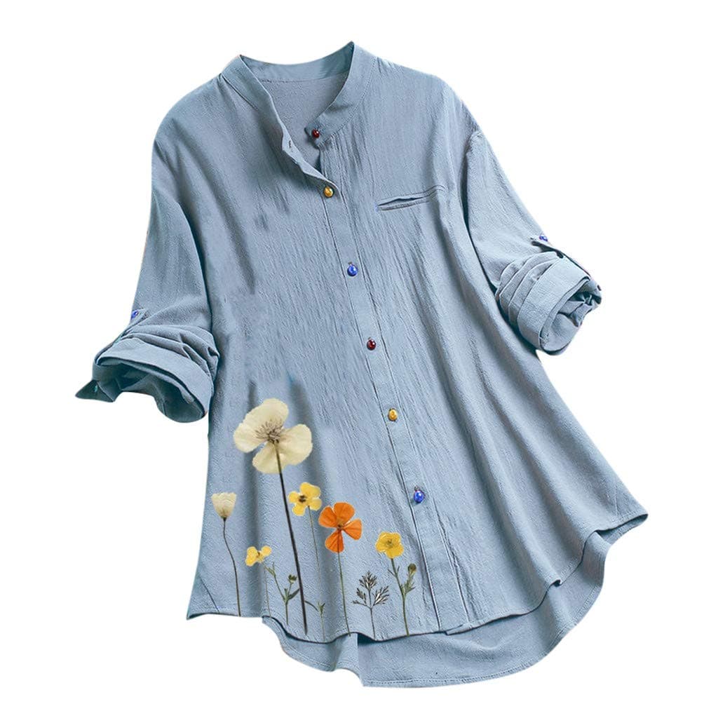 LOPILY Women's Cotton Linen Shirt Cat Print Long Sleeve Blouse Notch Neck Button Detail Tunic Tops Loose Flowy Folk l Style Shirt Plus Size(b-Sky Blue,24 UK/5XL CN)