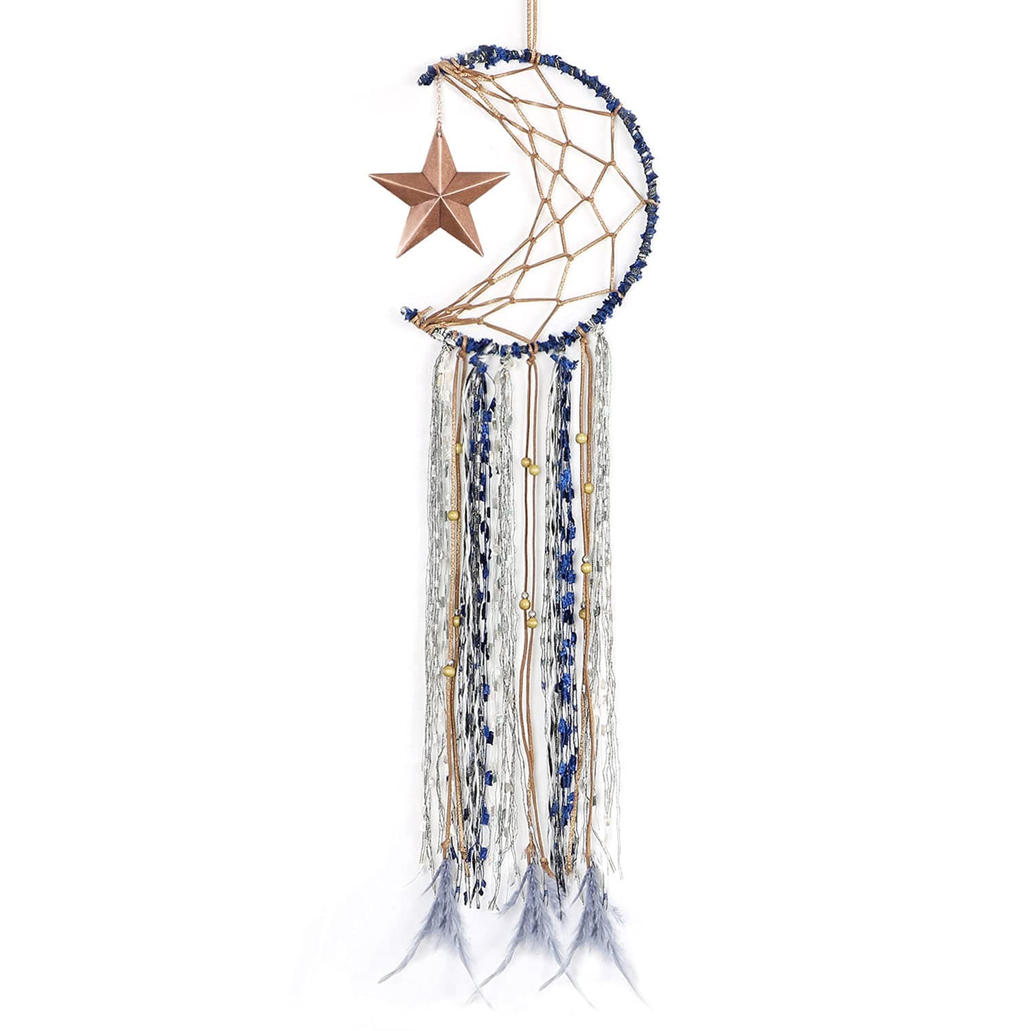 Alynsehom Dream Catchers for Kids Bedroom Handmade Star Moon Half Circle Net Blue Dream Catcher Gray Natural Feathers Wall Art Hanging Home Decorations Dorm Room Ornament Craft Gift