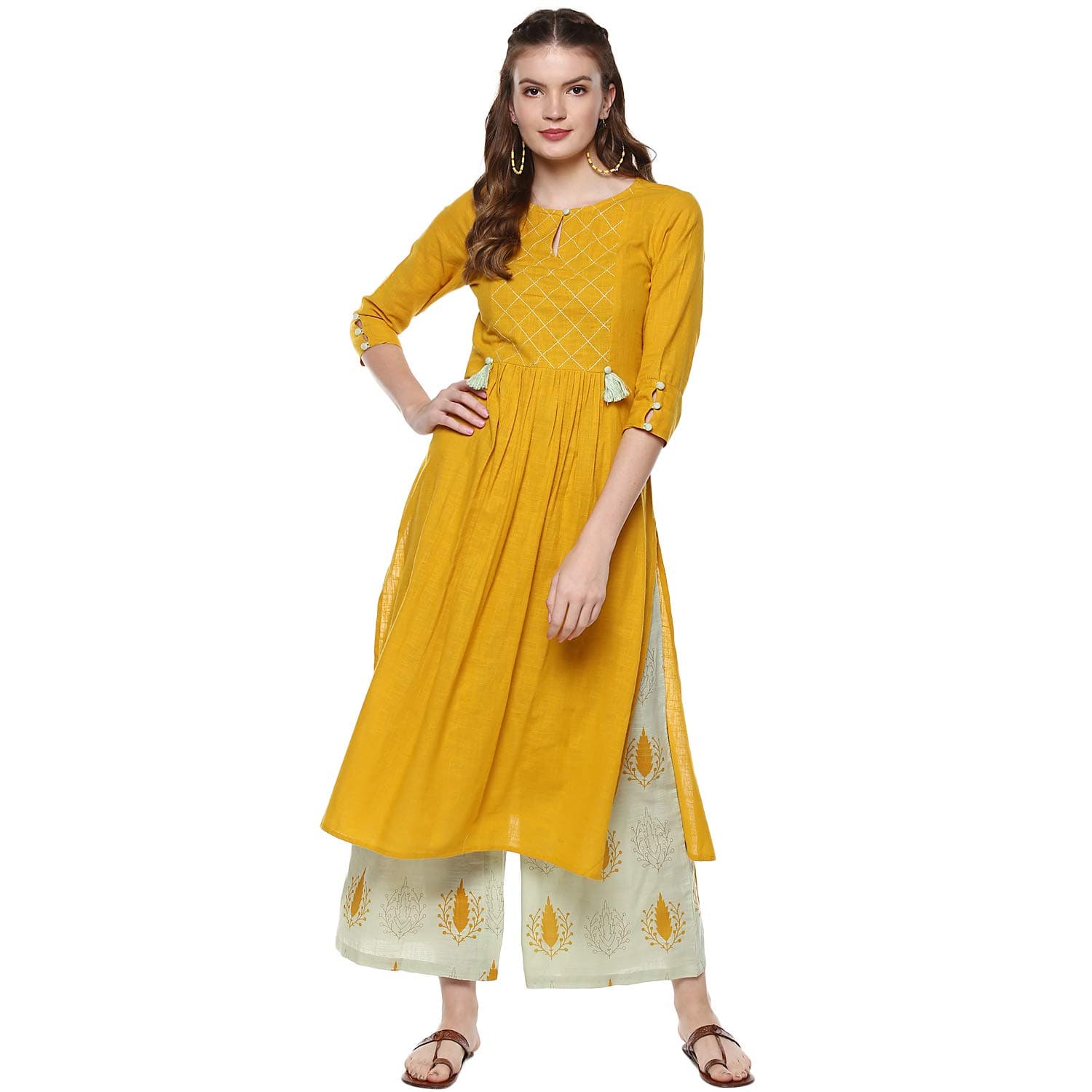 idaLia Straight 3/4 Sleeve, Round Neck Designer Cotton Kurta with Palazzo Pant Set