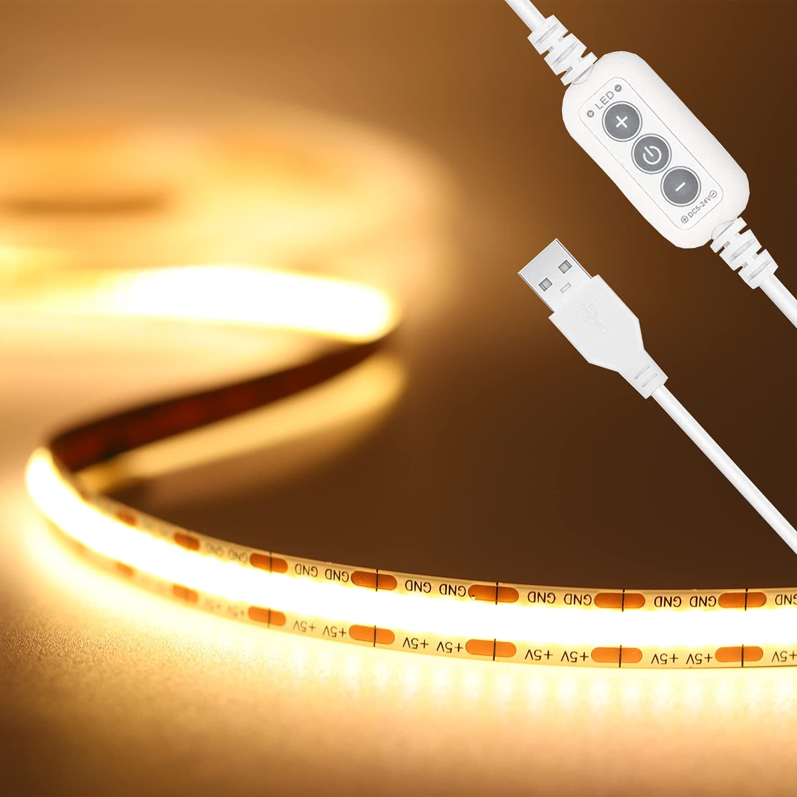 PAUTIX LED Strip Light 5V USB 6.56ft/2m 640LEDs 1200lm Dimmable COB LED Strip Light 3000K Warm White CRI85+ USB TV Backlight,Flexible Under Cabinet Tape Light for Bedroom,Kitchen,Home DIY Lighting