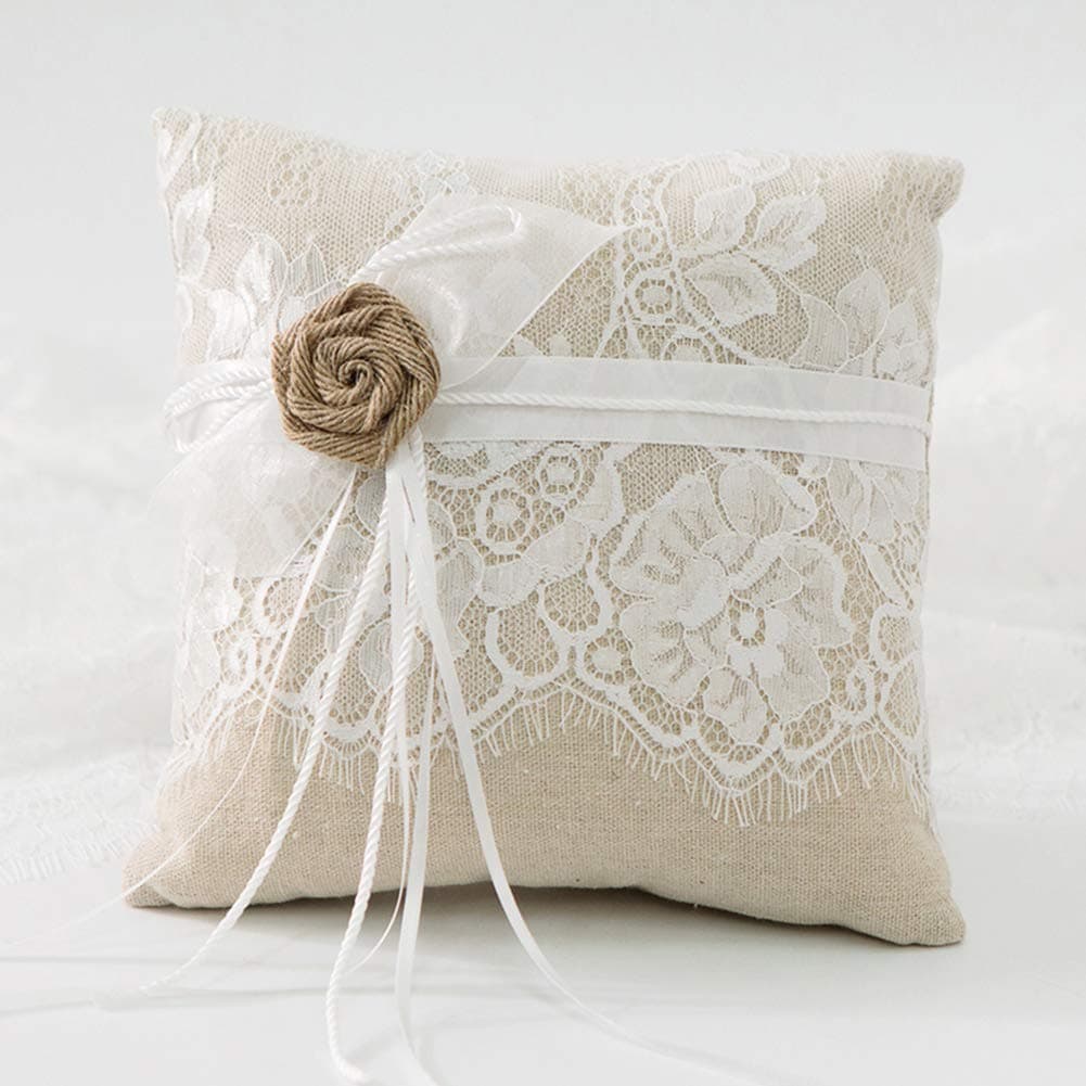 Ring Bearer Pillow Cushion 8.2x8.2 inch with Burlap Flower and lace for Rustic Bridal Wedding Shower Ceremony