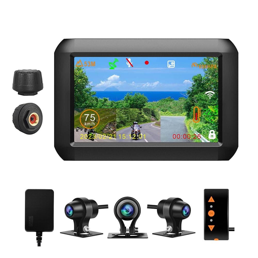 VSYSTO WiFi Motorcycle Dash Camera, Parking Monitoring, GPS 4 Inch Screen Motorbike Rear View Camera with TPMS, Front and Left and Right Camera, Assisted Driving Mode,Temperature Display,G-Sensor(F3M)