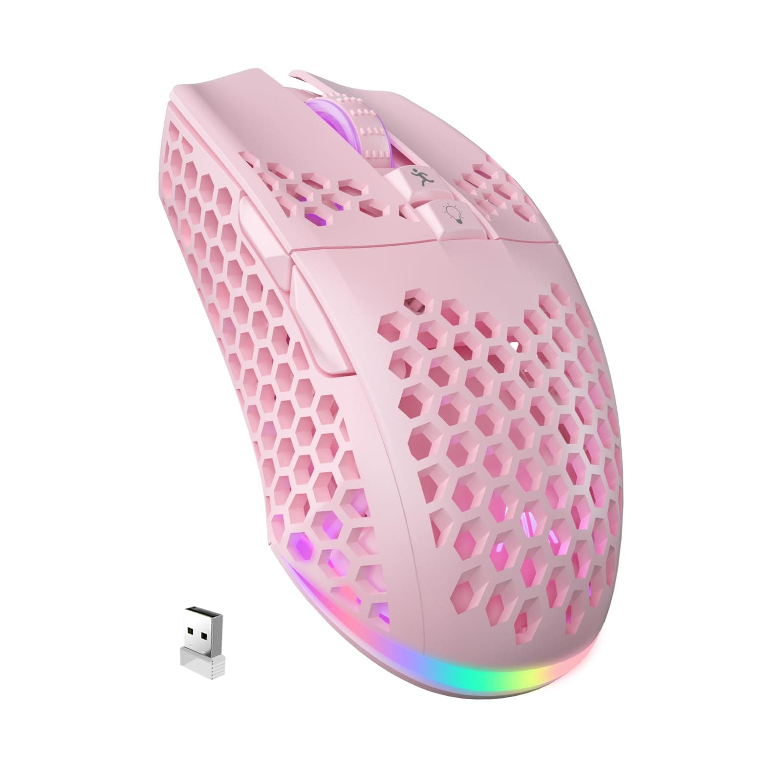 SOLAKAKA SM600 Pink Wireless Gaming Mouse with Honeycomb Shell, Side Buttons,Tri-Modes(BT5.1+BT5.1+2.4GHz) Lightweight RGB Wireless Mouse for PC/Tablet/Desktop/Office/Games