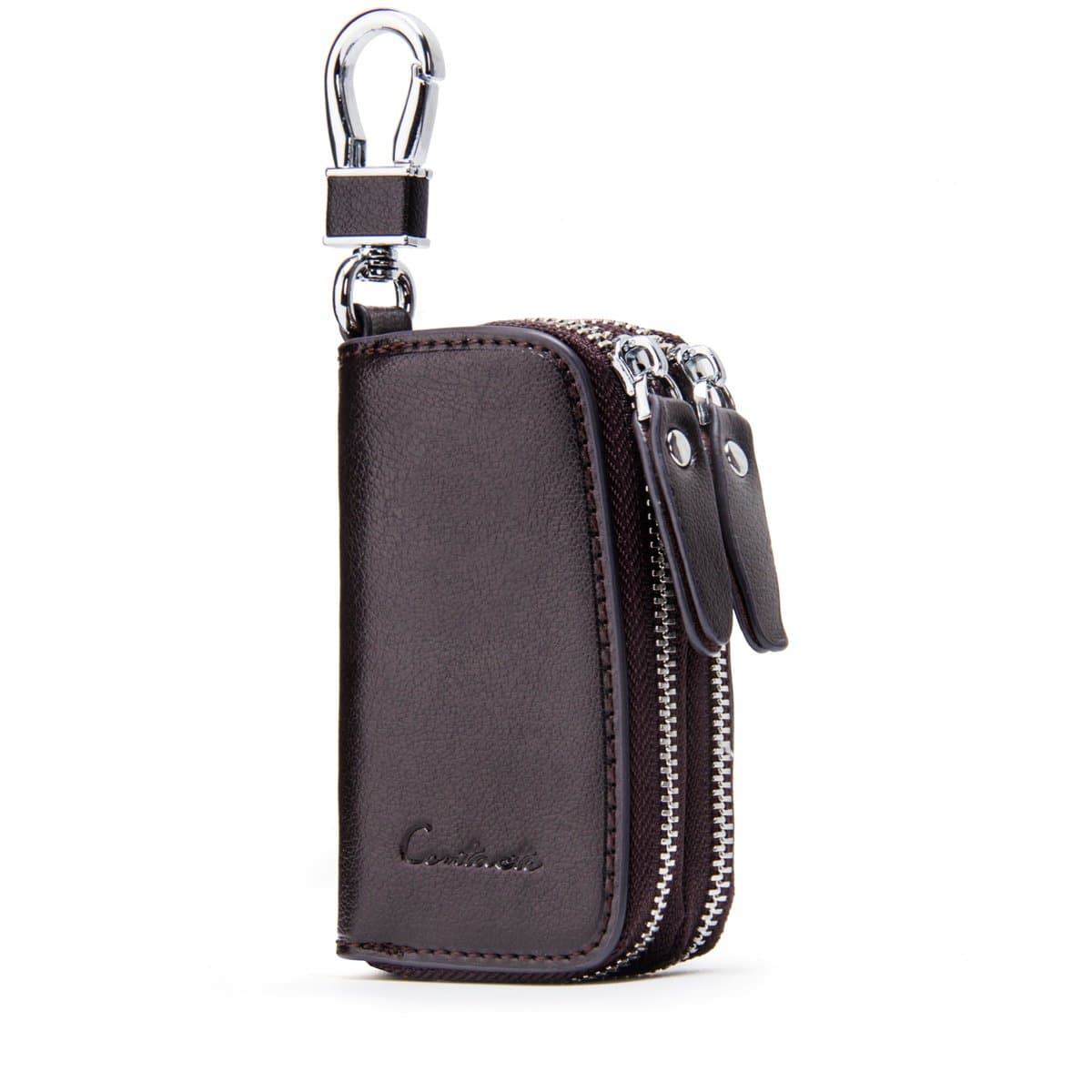 Contacts Genuine Leather Car Key Case Holder Double Zipper Keychain Coin Purse