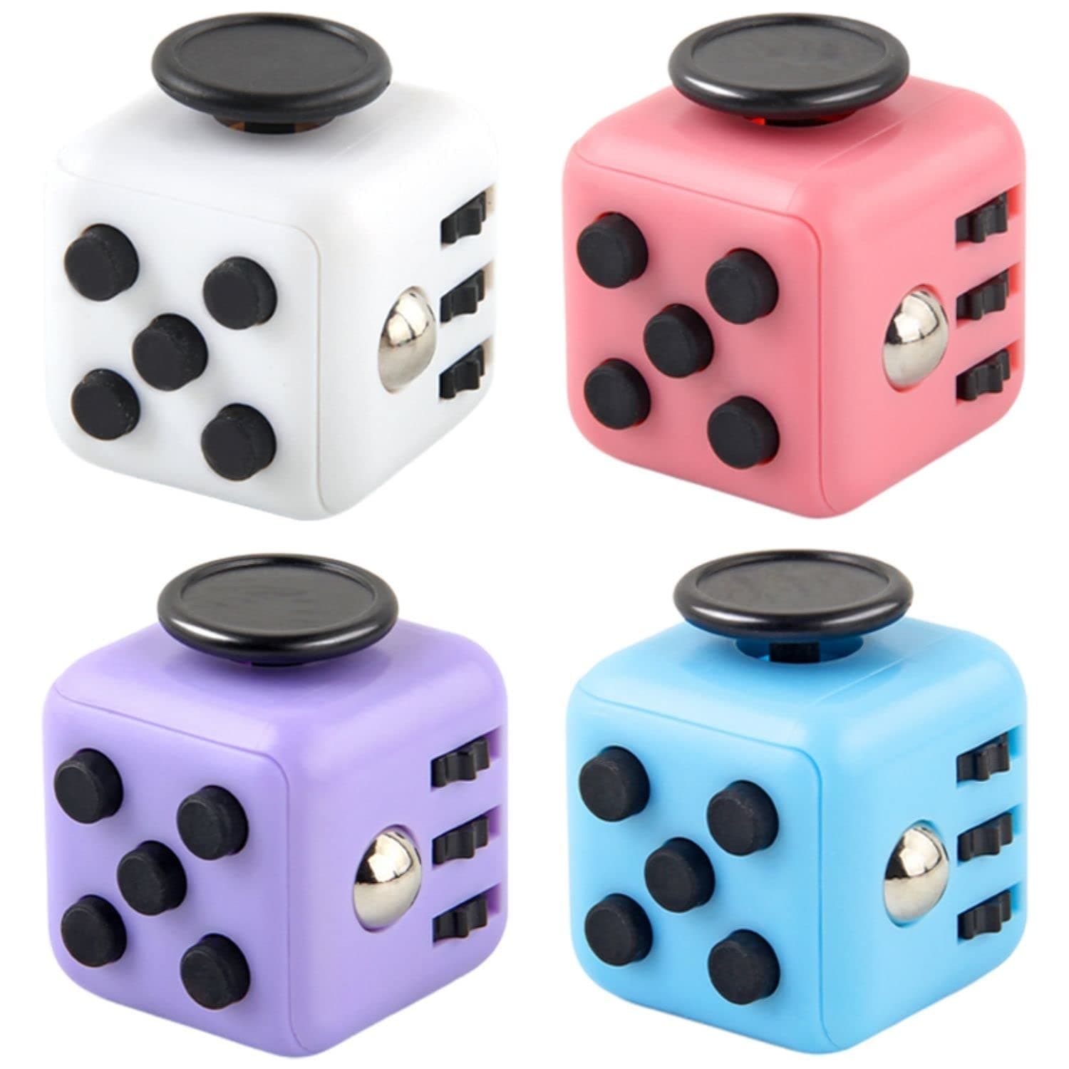 4 Pieces Stress Cube White, Pink, Purple, Blue, Anxiety Relief Toys with 6 Different Functions, Fidget Toy with Fingers, Gift for Adults Children Teens