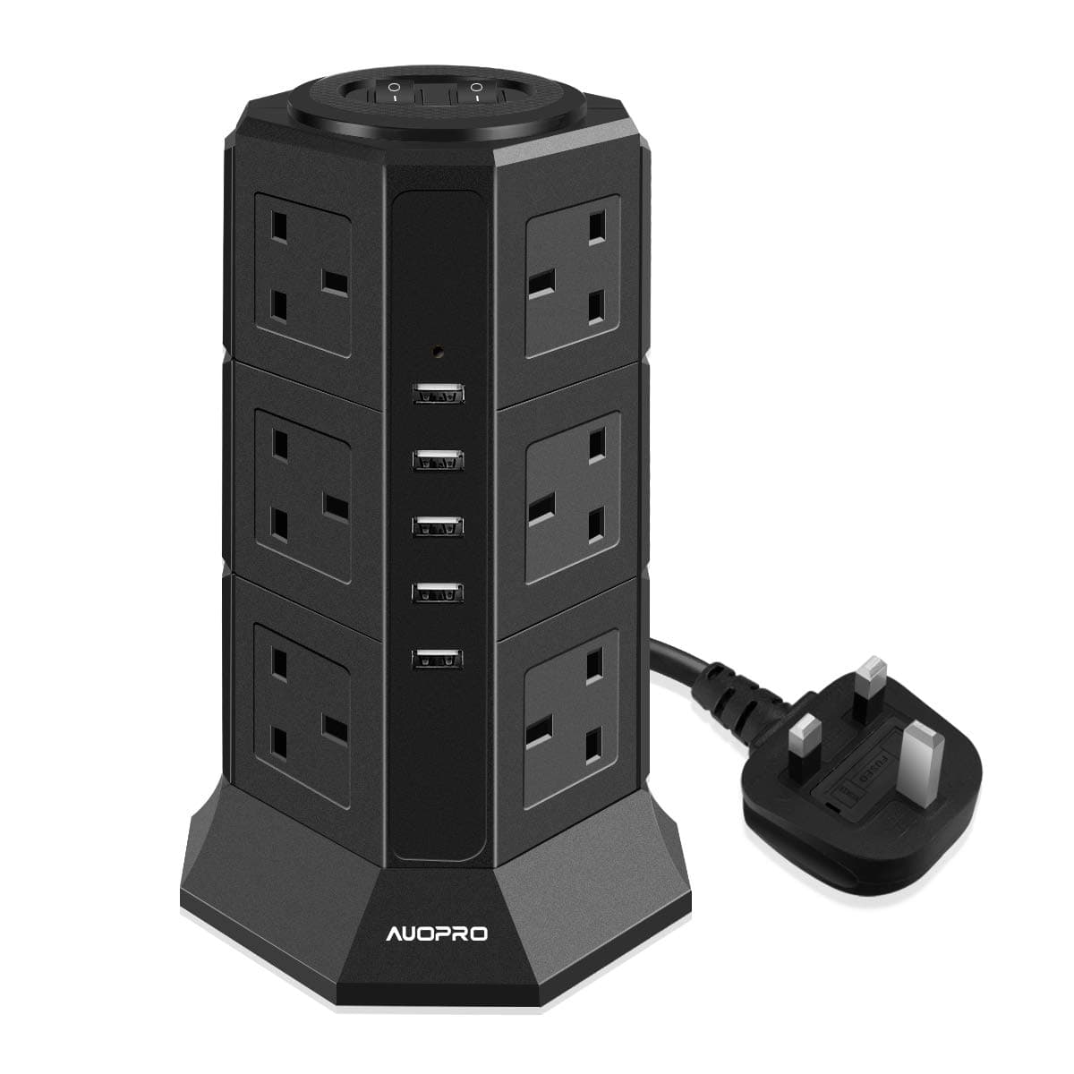 AUOPROSurge Protector Extension Lead with USB Slots, Vertical Tower Power Strip Switched Desktop Charging Station, 12 Socket and 5 USB Slots, 2 Metre Extension Cable