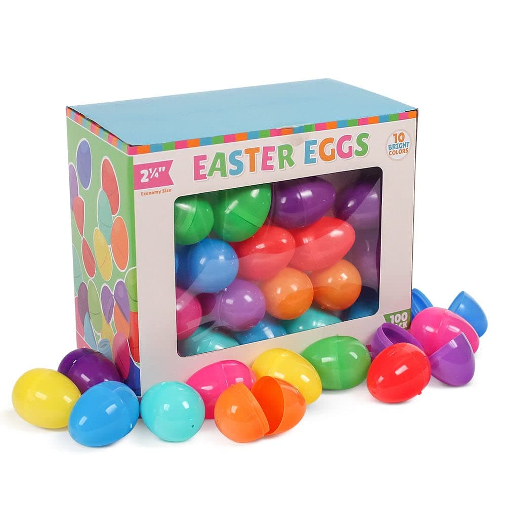 2-1/4" Plastic Easter Eggs in a Colorful Display Box. Contains 100 Eggs.