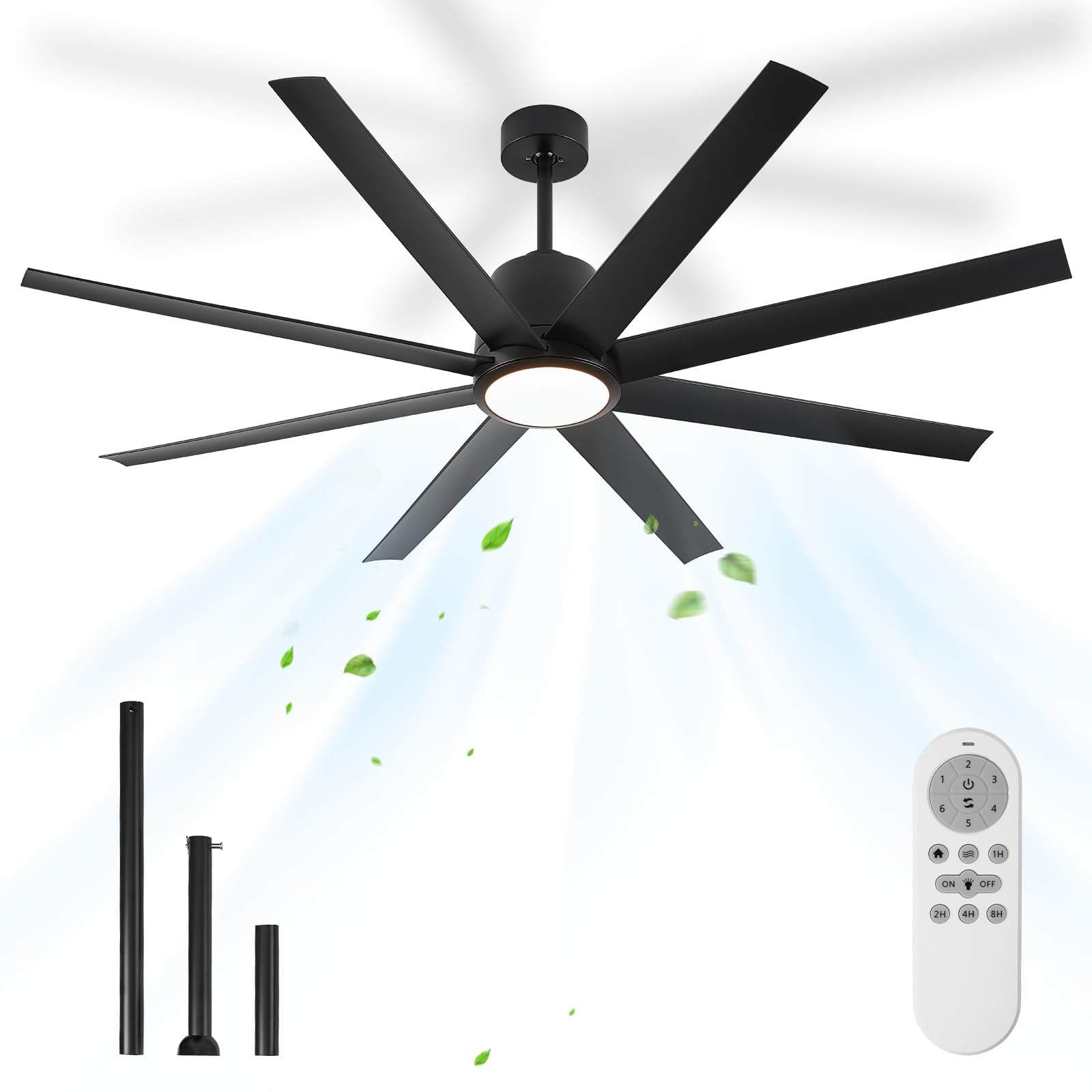 65in Black Large Ceiling Fan with Lights 8-Blade Remote Control Outdoor Fan Light for Patio Large LED Ceiling Fan Light for Garage Gym Room Living Room