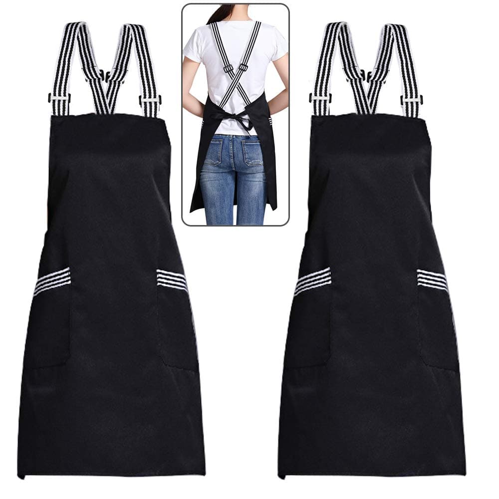 Amytalk2 Sets Crossback Apron for Women Men Chef Comfortable Adjustable Apron Waterdrop Resistant with Large Pockets for Cooking BBQ Drawing(Black)