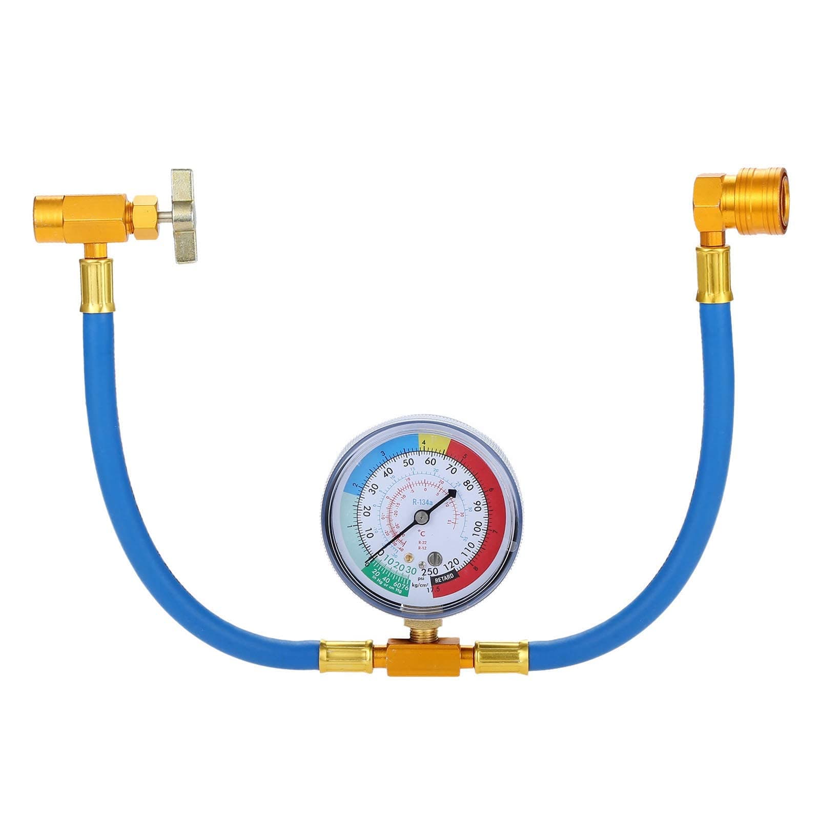 R134A Car AC Refrigerant Charge Hose Kit with Gauge, A/C 1/2 Inch Acme Thread Car Air Conditioning Refrigerant Recharge Measuring Hose Gauge Kit, Blue Aluminium & Brass