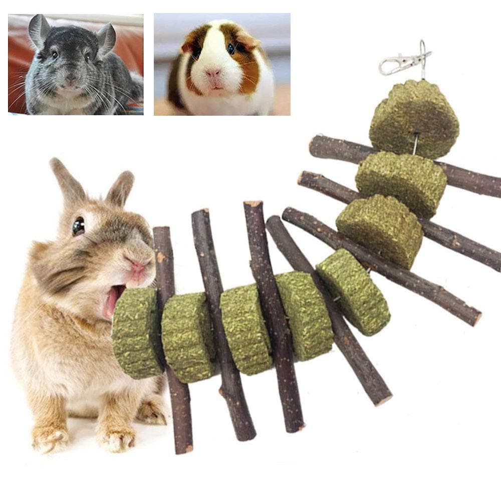 Bunny Chew Toys for Teeth, Organic Apple Wood Molar Sticks with Timothy Hay Circles for Bunny Chinchilla Guinea Pig Hamsters Holland Lop Prairie Dogs Squirrels Gerbils, Improves Dental Health