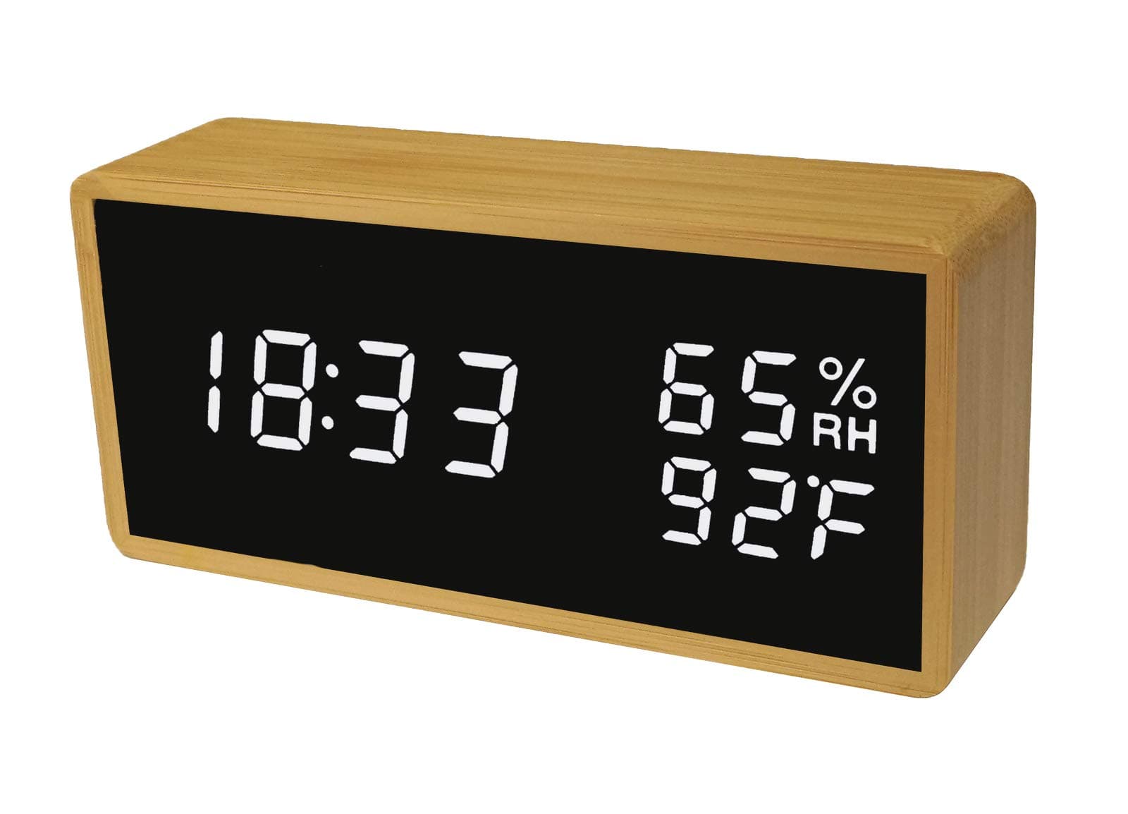 Alarm Clock Real Bamboo Wood Digital Clock Rechargeable Snooze Decorative LED Display Time Temperature Humidity Voice-Activated Clock for Home Kids Bedroom Office(Bamboo Frame,White Display)