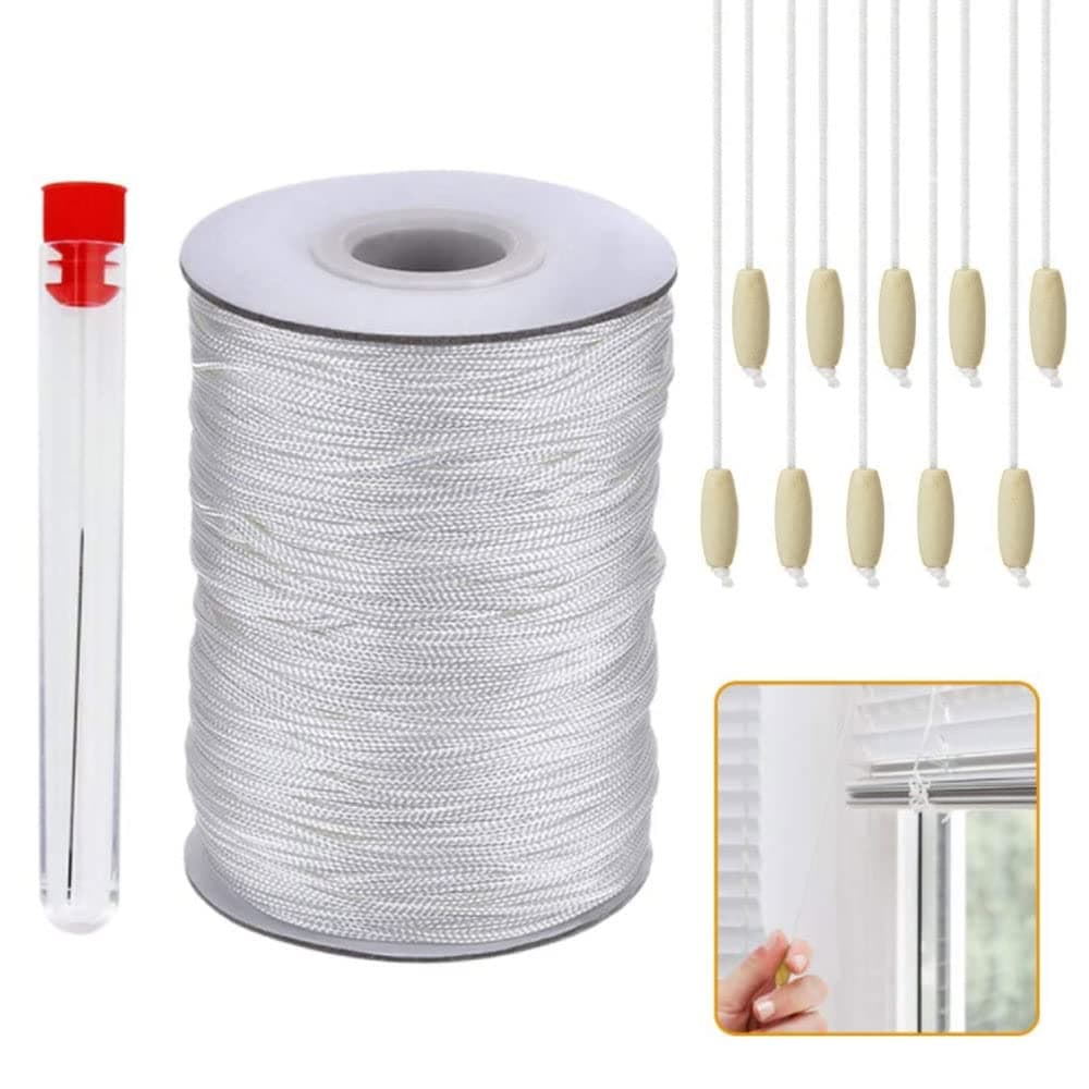 GOLRISEN 100Yards Roman Blind Cord White Venetian Blind Cord String and 10 Wood Pendants Braided Lift Shade Cord for Repairing Aluminum Blind Shade Window,Gardening Plant,Craft(with a Beading Needle)